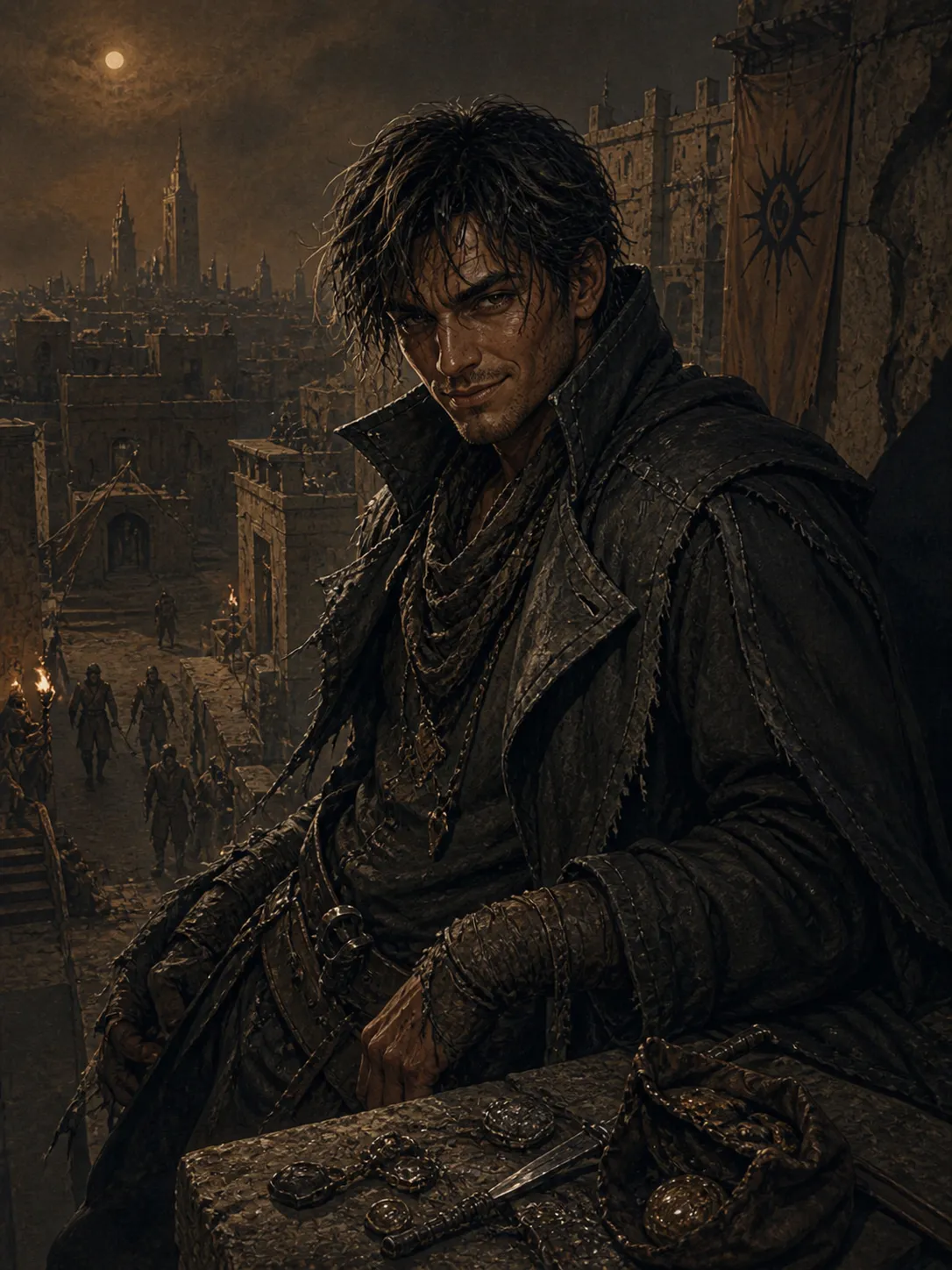 A smirking dark-haired rogue in a high-collared coat lounges on a rooftop ledge, daggers and a coin pouch before him above a torch-lit walled city.