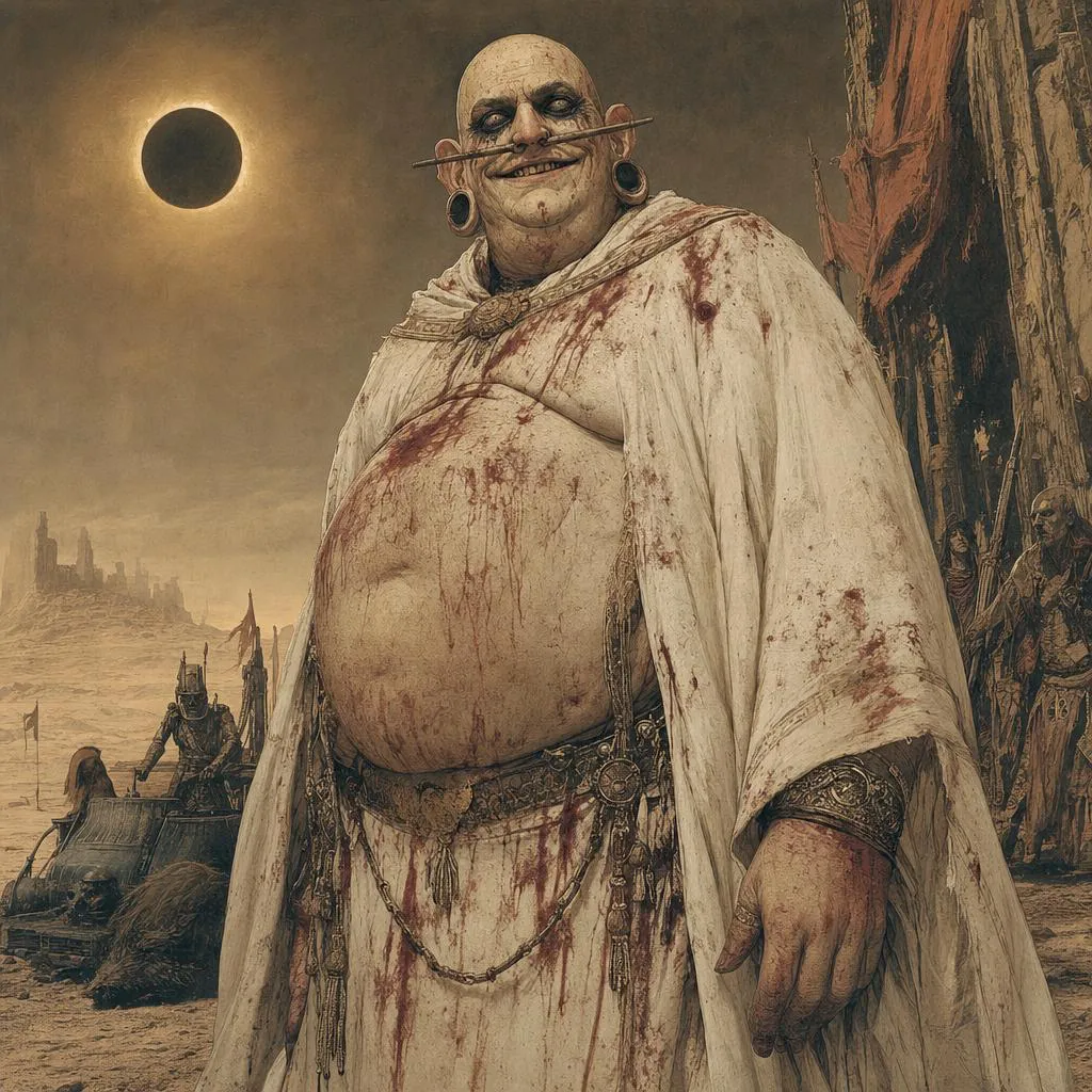 A massive grinning man with a bone nose piercing and blood-drenched white robes looms in a brutal desert camp beneath an eclipsed sun.