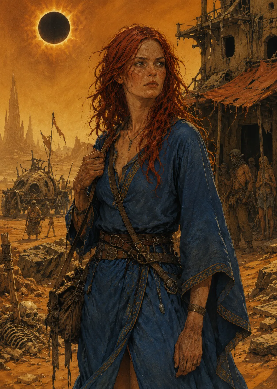 A freckled red-haired woman in layered blue robes and leather straps stands in a ruined settlement, a skeleton and wrecked wagons around her beneath an eclipsed sun.