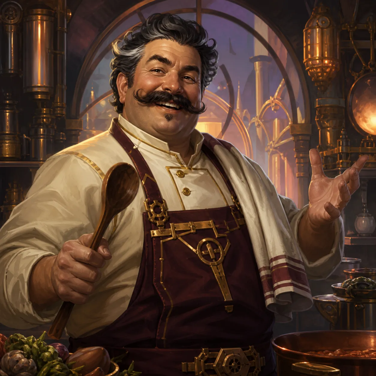Aldo Ferrante, a mustachioed chef in a white coat and maroon gear-buckled apron, laughs while brandishing a wooden spoon in his brass-and-copper kitchen.