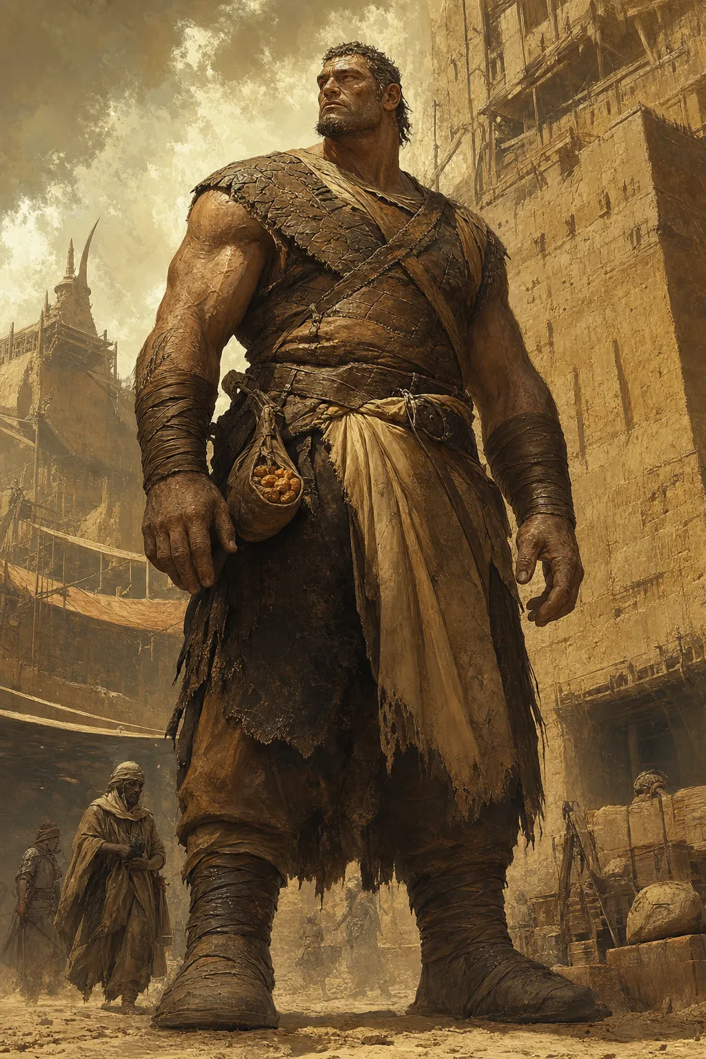 Portrait of Doss, a towering warrior in scaled leather armor and tattered wrappings, filling a sun-bleached adobe street as robed figures pass behind him.