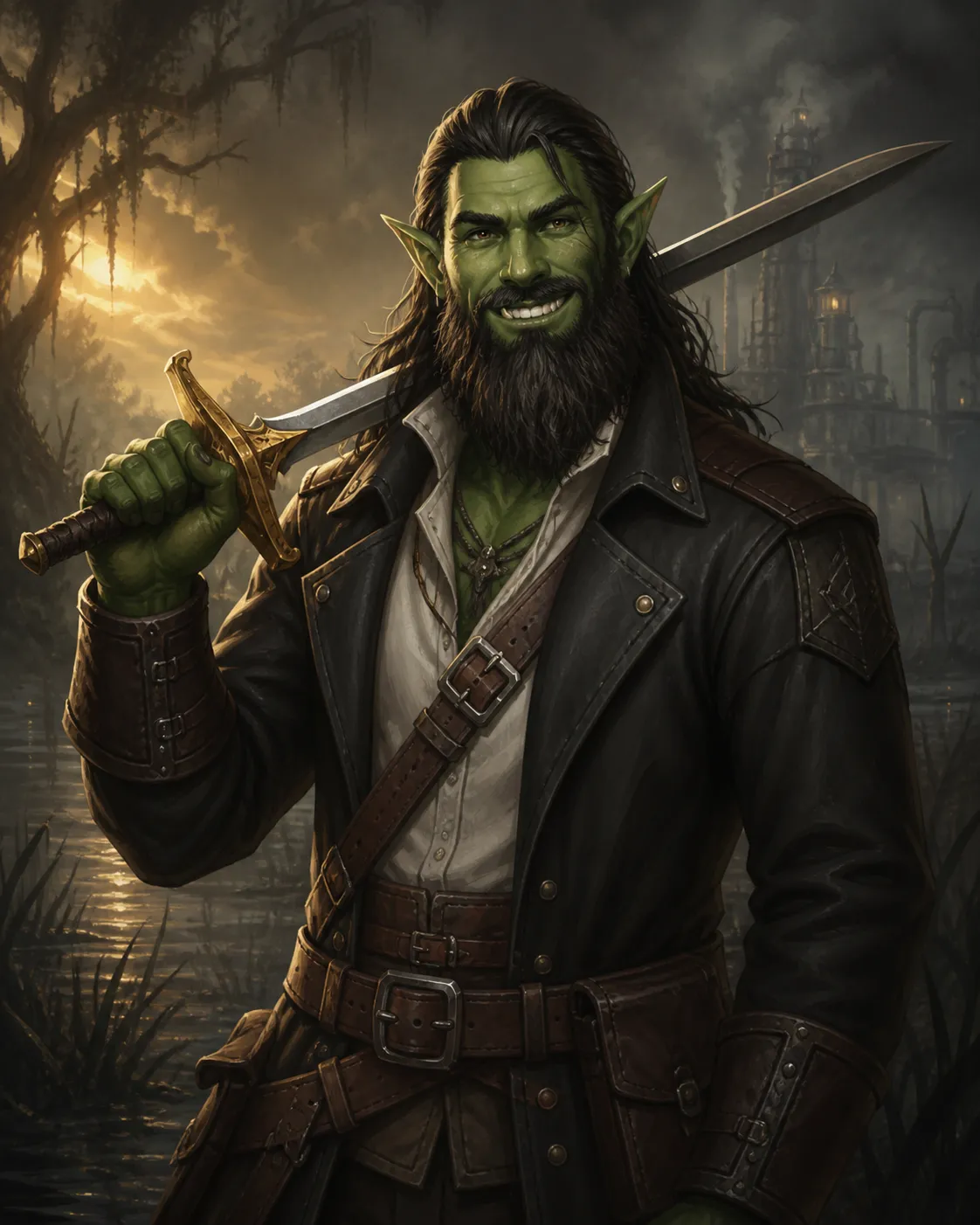 Drennak grins with his longsword resting across one shoulder, his green-skinned bearded face framed by a black leather coat and a golden sunset over the swamp.