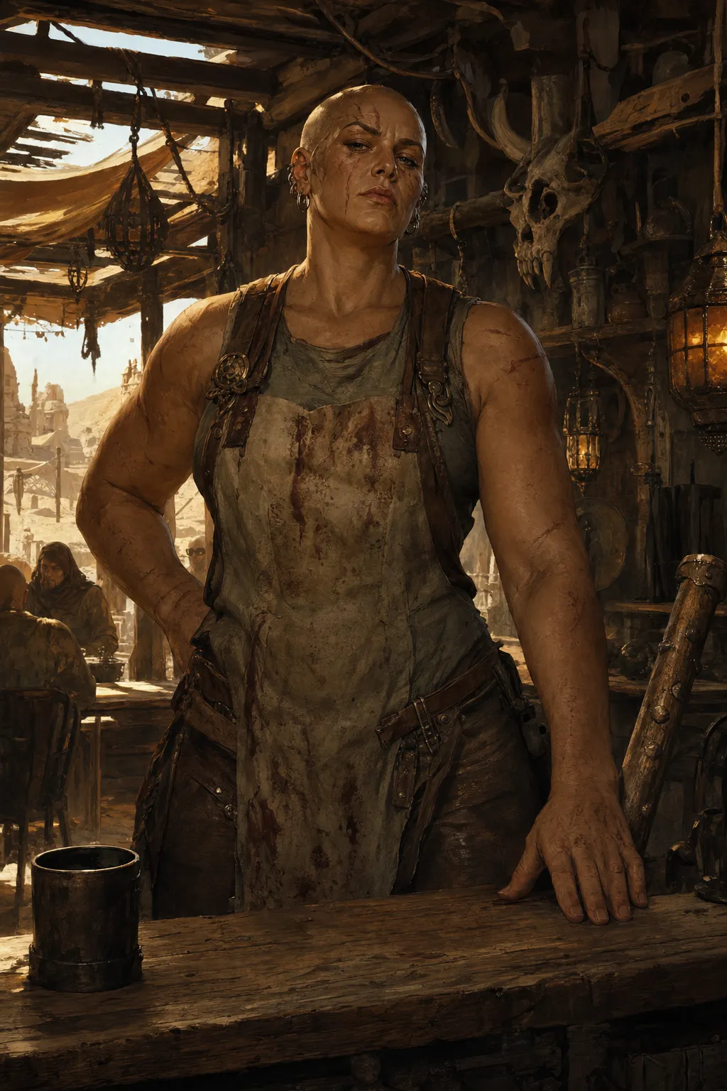 Portrait of Gelda, a bald scarred woman in a bloodstained leather apron, leaning on a tavern counter beneath a horned beast skull and warm lanterns.