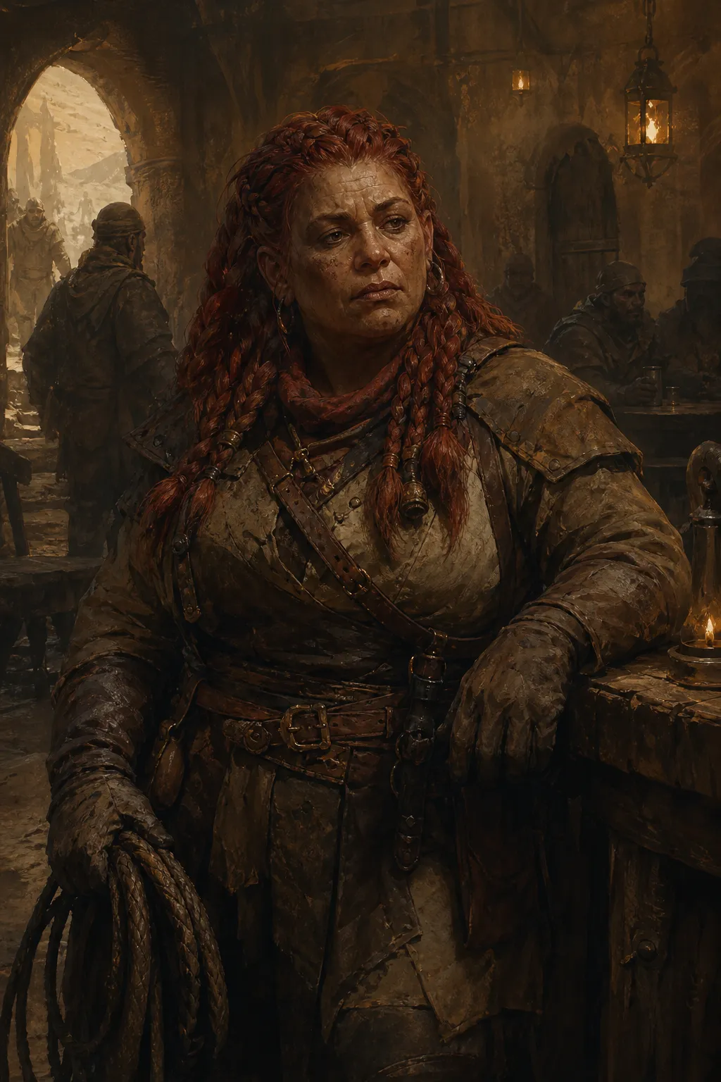 Portrait of Gorra, a weathered woman with long red braids and a red scarf, coiling a rope at a tavern counter, a dusty caravan road in the archway behind her.