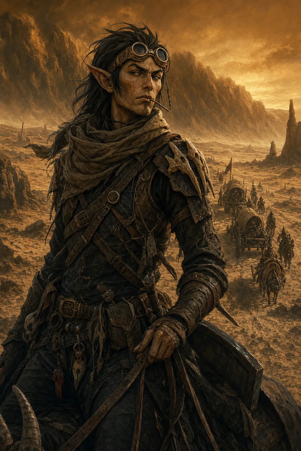Portrait of Isket Vorn, a weathered man in layered gray robes and scarf, holding a small hooked tool in a ruined street beneath a hazy red sun.