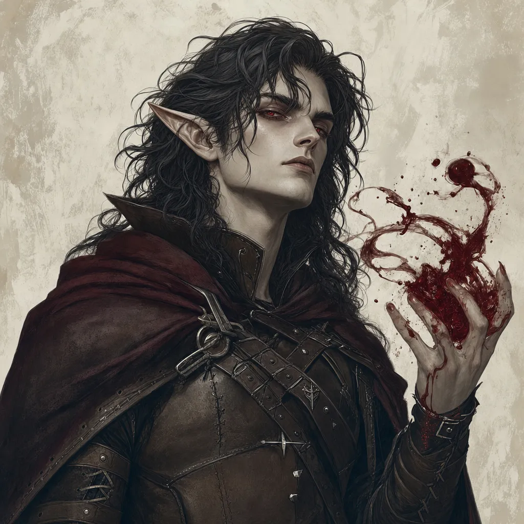 Kaelvhen Thal-Aris, a red-eyed pale elf with long black hair, weaves swirling blood magic above his raised hand, a dark cloak over studded leather armor.