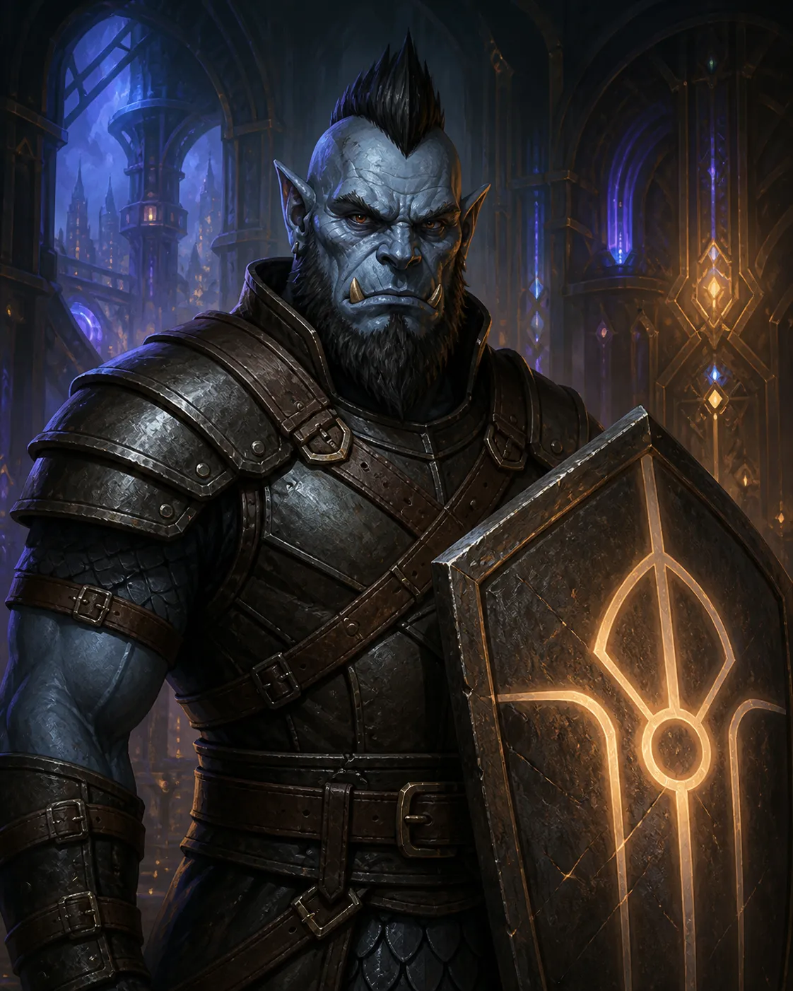 Karsus, a tusked gray-skinned warrior with a black mohawk, stands in heavy plate behind a tower shield bearing a glowing golden sigil, arcane spires rising behind him.