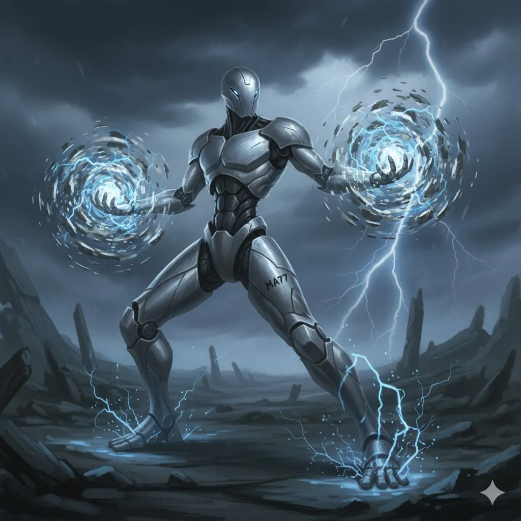 MA-77, a sleek silver warforged with glowing blue eyes, whirls torrents of water around both fists amid lightning strikes on a storm-wrecked battlefield.