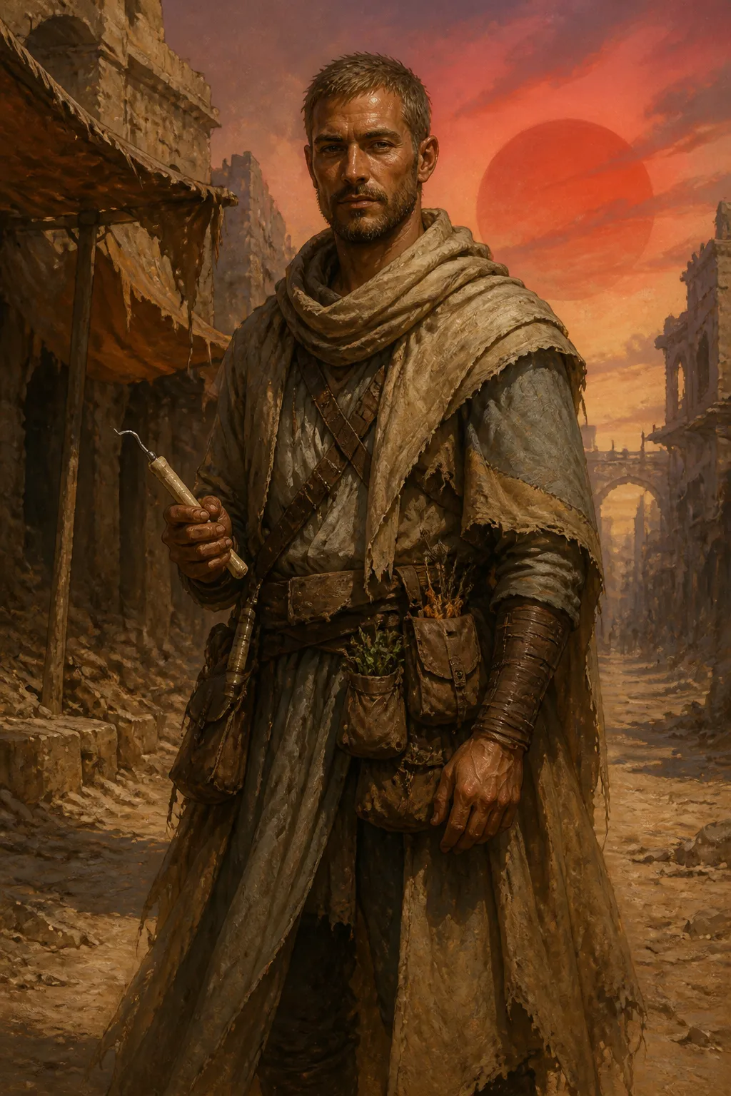 Portrait of Marek, a freckled young traveler in layered blue-gray robes clutching a cracked stone tablet, a caravan moving through ruins beneath an eclipsed sun.