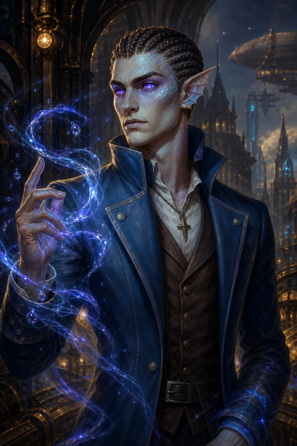 Nerathis, a fin-eared youth with braided hair and glowing violet eyes, spins a ribbon of glowing water around one hand in a navy coat before an airship-lit city.