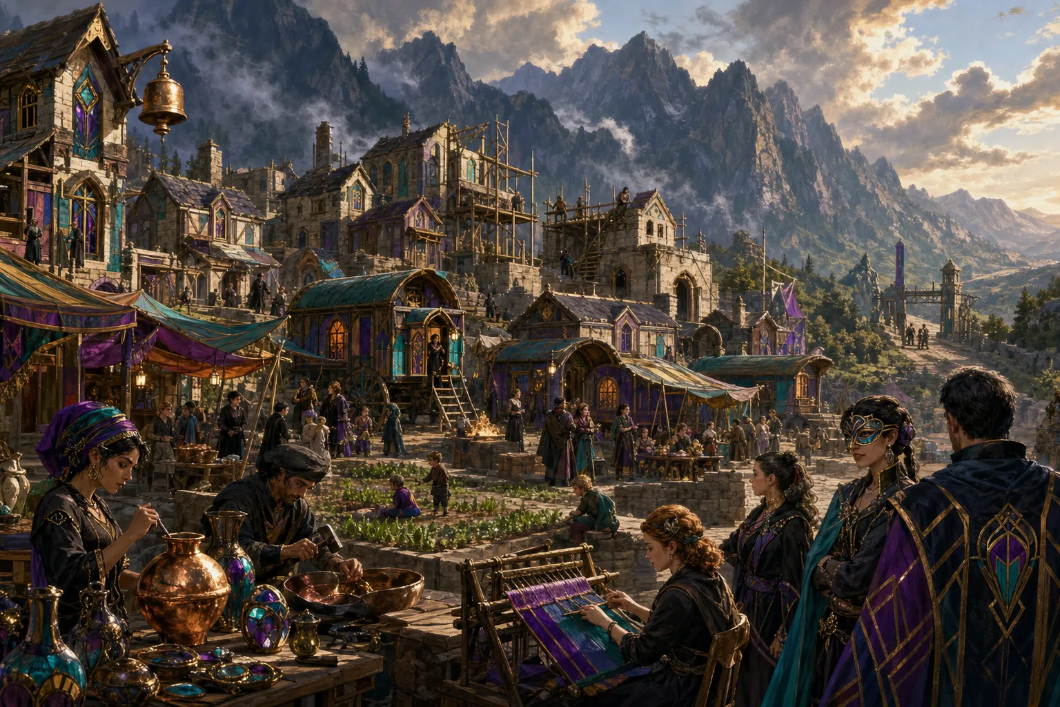 Artisans rebuild New Cyre beneath jagged snow-dusted peaks, scaffolding climbing half-finished stone halls while weavers, smiths, and potters trade among purple market tents at sunset.