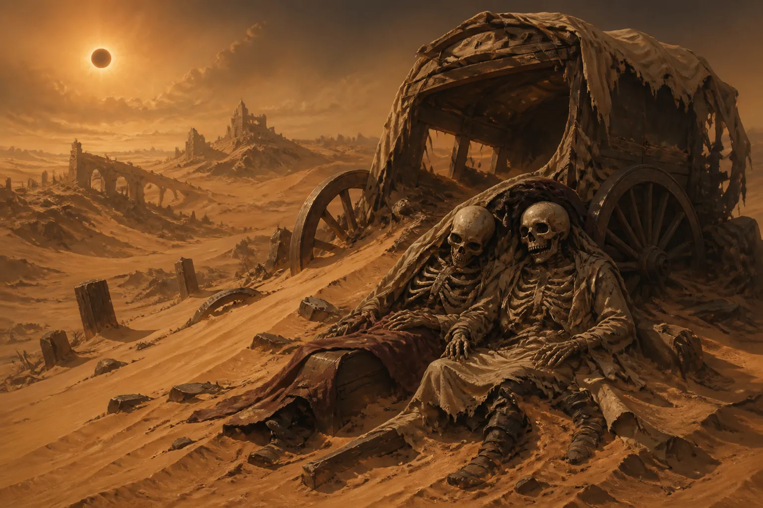 Two skeletons huddle together against a sand-buried caravan wagon, an eclipsed sun rising over ruined towers and a broken aqueduct.