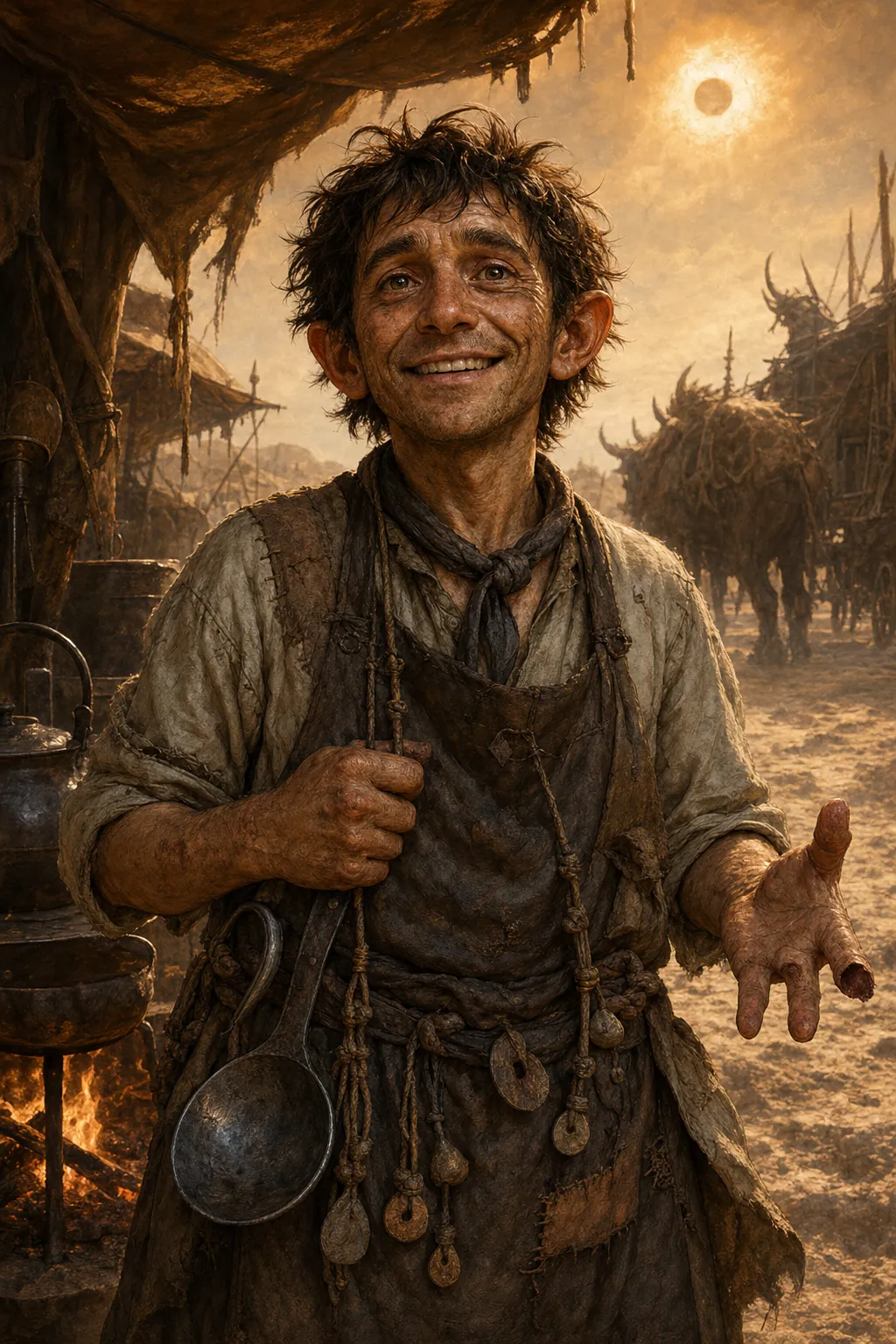 Portrait of Pell, a gap-toothed market cook with messy hair and missing fingers, gripping a metal ladle by his fire-lit stall beneath a hazy eclipsed sun.