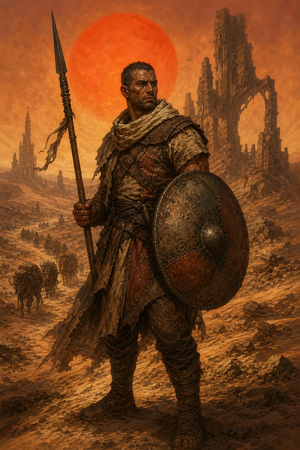 Portrait of Rams, a grim warrior in patchwork armor carrying a spear and stitched round shield, a huge crimson sun blazing behind ruined towers.