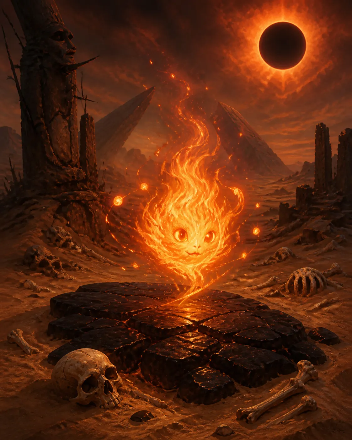 A playful flame spirit with big bright eyes rises from a cracked stone altar, sparks orbiting it amid scattered bones and ruins beneath an eclipsed sun.