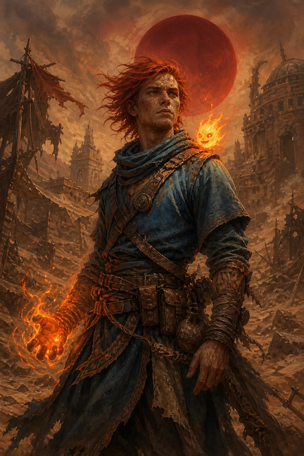 Portrait of Red, a freckled red-haired wanderer in tattered blue robes, flame wreathing one hand as a grinning fire wisp hovers beside him beneath a vast crimson sun.