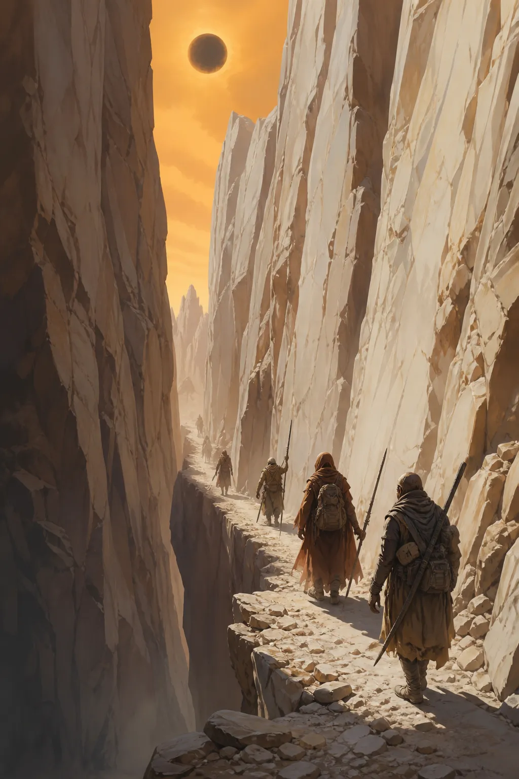 Hooded travelers with spears and packs pick along a narrow canyon ledge beneath an eclipsed sun, jagged rock needles rising in the haze.