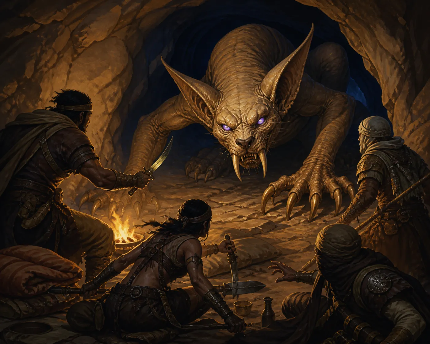 A huge tusked predator with glowing purple eyes looms over startled adventurers around their campfire inside a rocky cave.