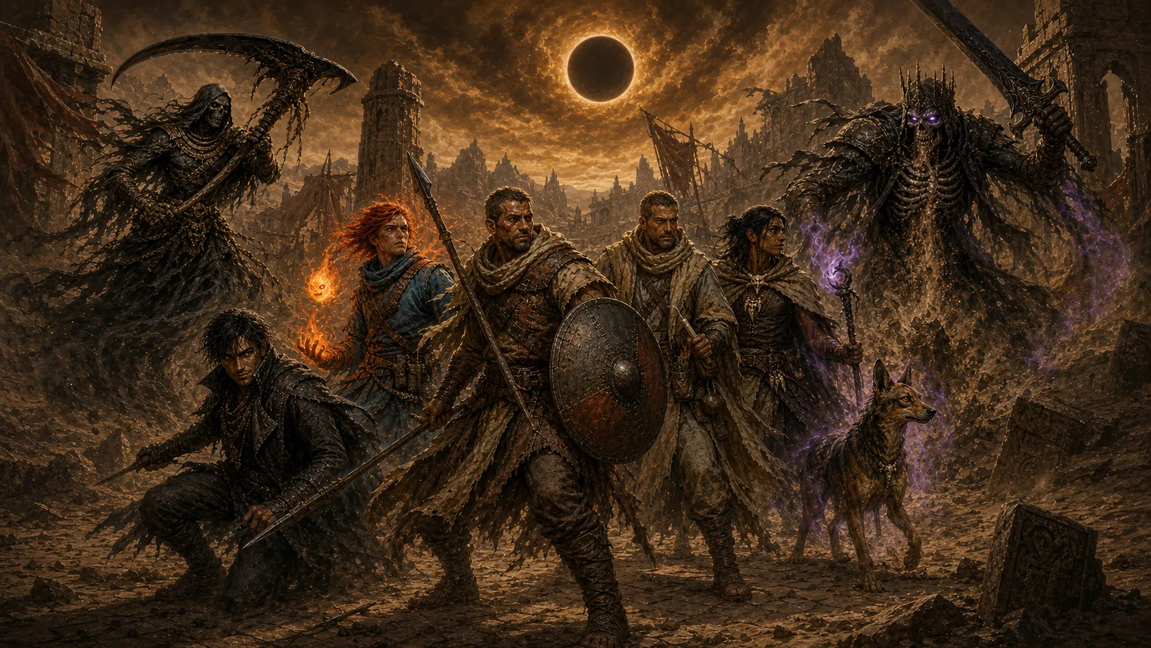 Five adventurers and a flaming jackal spirit face a scythe-wielding reaper wight and a crowned skeleton overlord among ruined towers beneath an eclipsed sun.