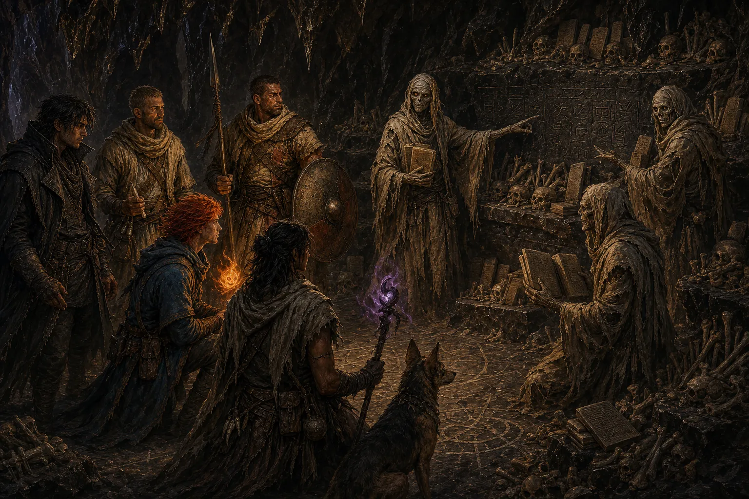 Adventurers and their jackal meet robed mummified scholars clutching tablets inside a crypt chapel lined with skulls, bones, and glowing glyphs.
