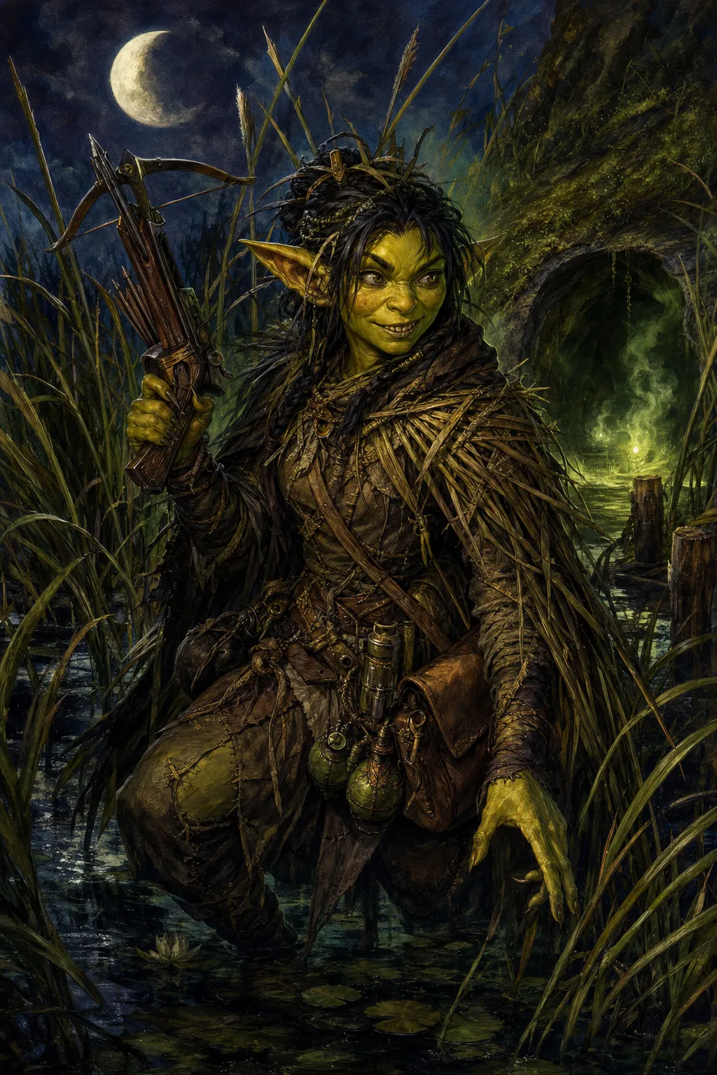 Sella Reedrunner, a grinning green goblin in woven marsh gear, crouches with a crossbow among moonlit reeds and dark water.