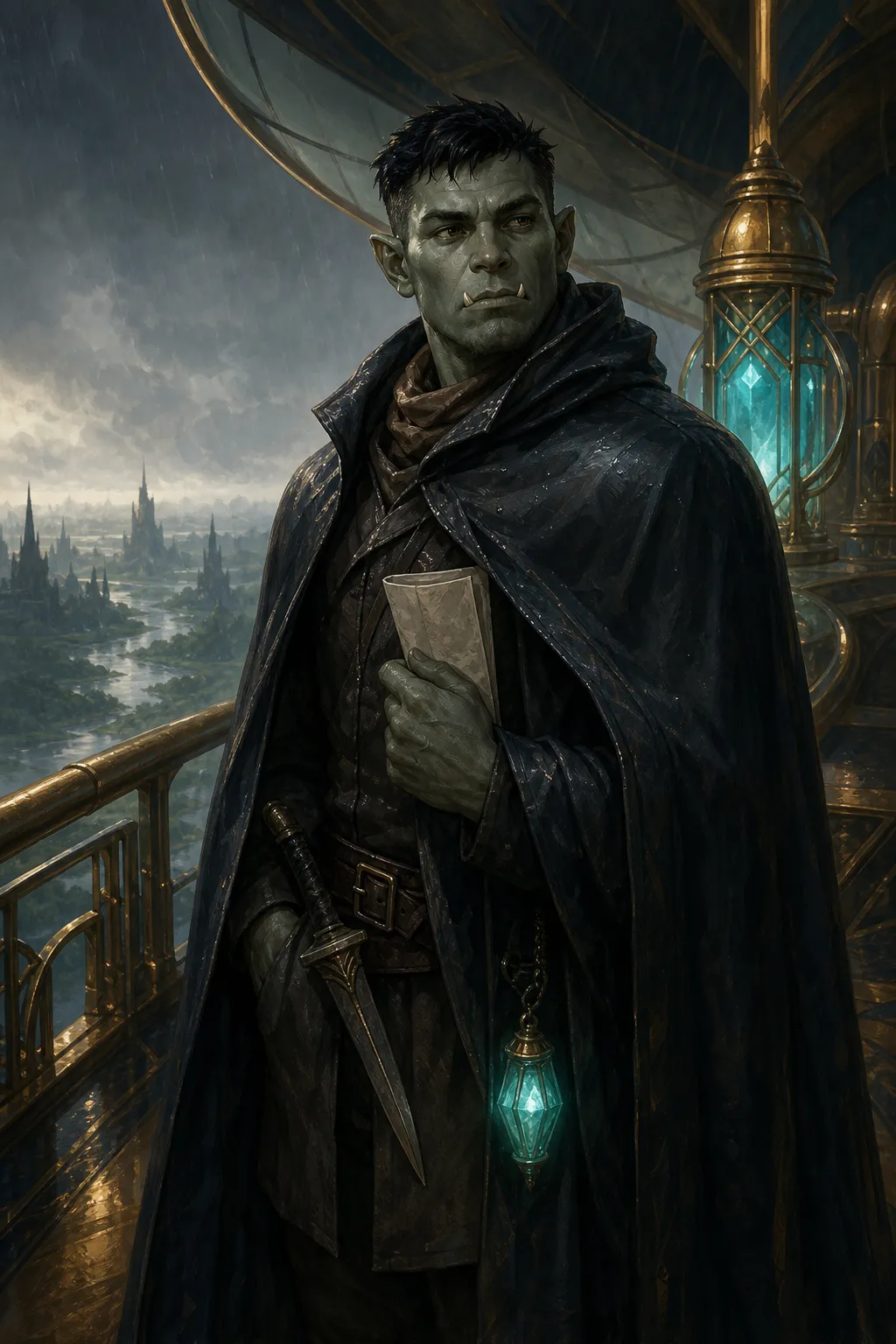 Varrek, a gray-skinned orc in a rain-darkened cloak, holds a sealed letter beside glowing cyan lanterns above a distant city.