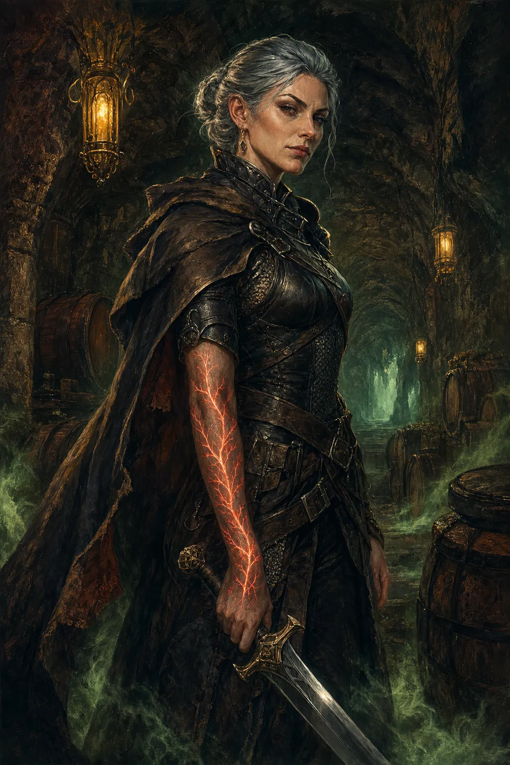 Vessa Ashhand, a silver-haired warrior in black armor, grips a sword as fiery veins glow along her arm in a lantern-lit cellar.