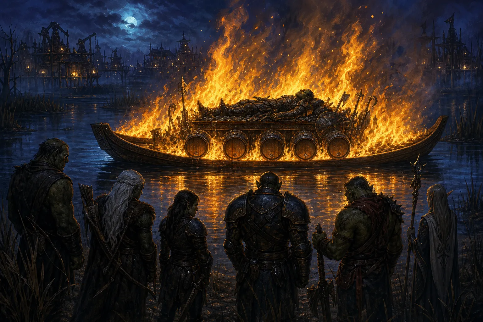 Mourners watch Drennak's armored body burn aboard a barrel-ringed longboat under a full moon, a lantern-lit stilt village across the dark bog.