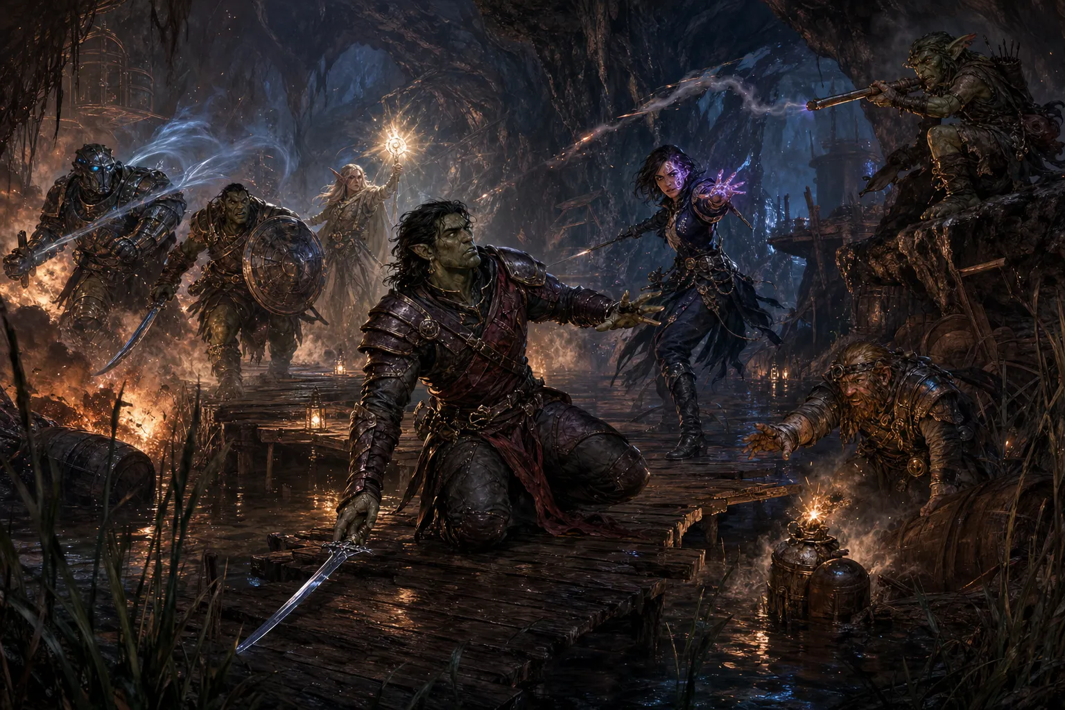 A wounded Drennak kneels sword-in-hand while his companions — a warforged, shield-bearer, glowing priestess, purple sorceress, goblin sniper, and dwarven bomber — fight on through the blazing cavern.