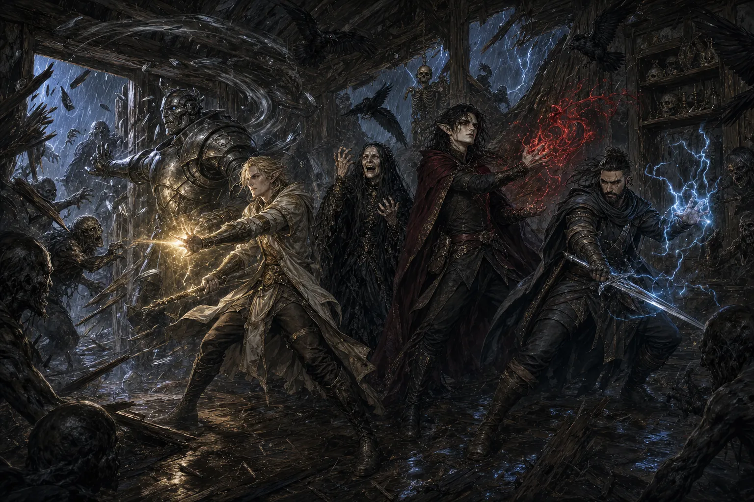 Adventurers hold a ruined cottage interior against clawing undead as a warforged, glowing-mace elf, blood-mage, and lightning-bladed fighter strike through rain and splintered walls.