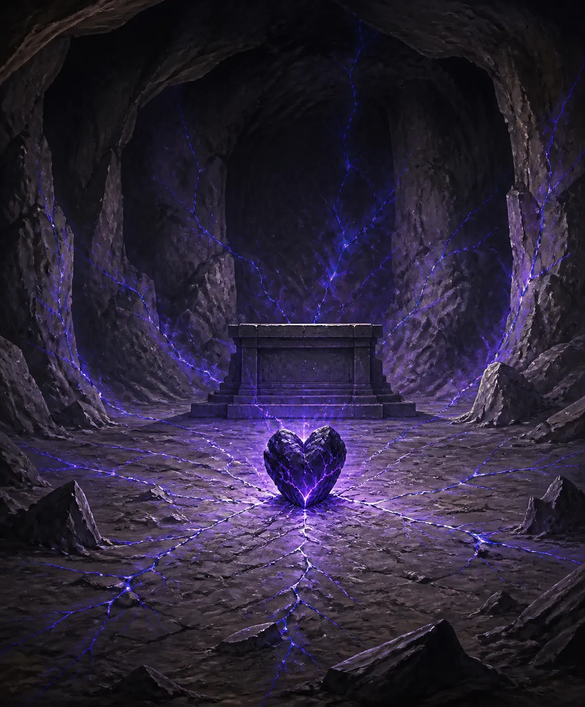 A cracked obsidian heart hovers above a cavern floor, purple lightning veins radiating from it toward a silent stone altar in the vision's depths.