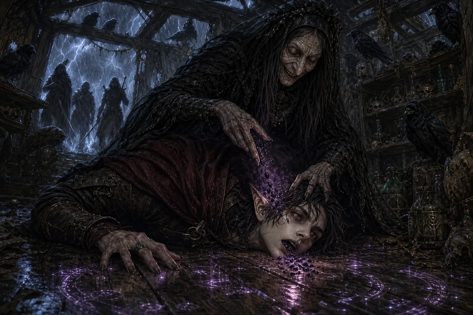 A grinning witch in black rags draws glowing black ichor from a pinned elf's brow as purple sigils burn on the floor and armed silhouettes watch through the storm-lit window.