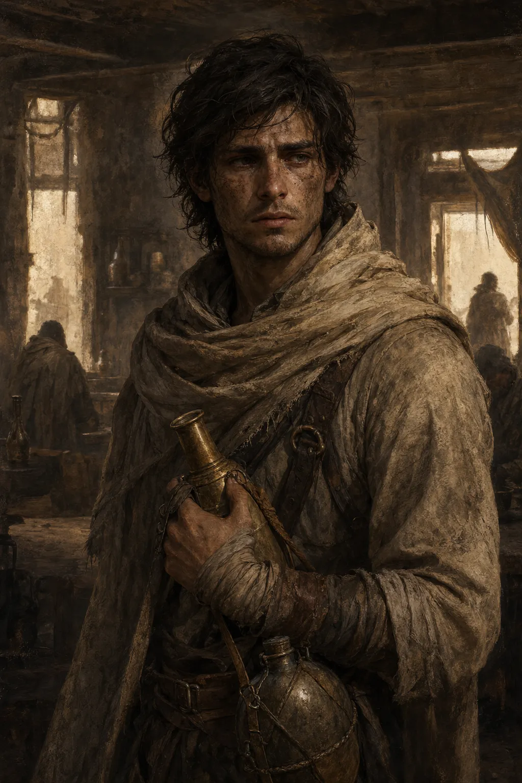 Portrait of Seth, a dusty dark-haired young man clutching metal water vessels inside a dim, crowded desert tavern.