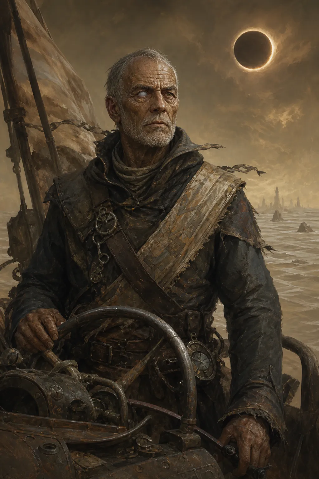 Portrait of Silt, a weathered one-eyed elder steering a battered vehicle across pale dunes beneath a blazing eclipse.
