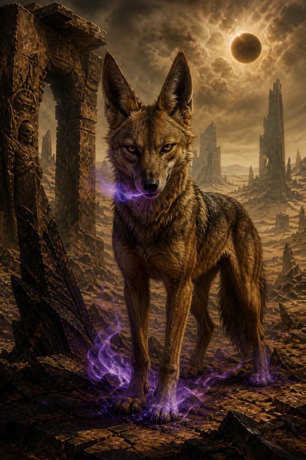 Taji's jackal familiar stands amid purple magical wisps before a skull-carved ruin, an eclipsed sun hanging over broken spires.