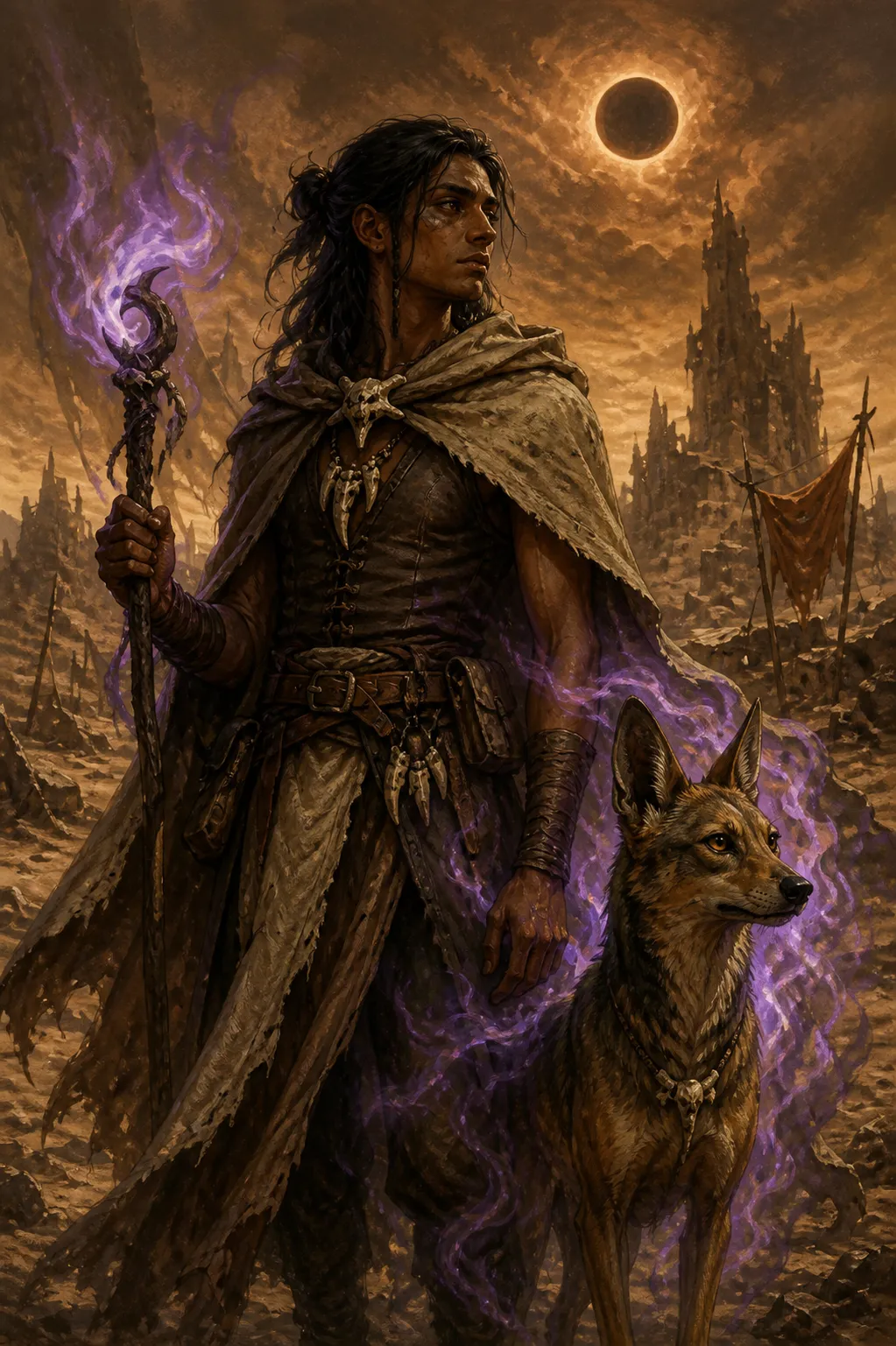 Portrait of Taji, a goggled elf in spiked leather armor holding the reins of a horned pack beast, a caravan winding through orange rocky wastes behind him.