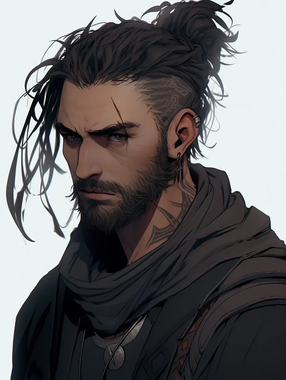 A scarred man with a tattooed undercut, messy top-knot, and dark scarf glares from beneath heavy brows, silver rings at his ear and a pendant at his throat.