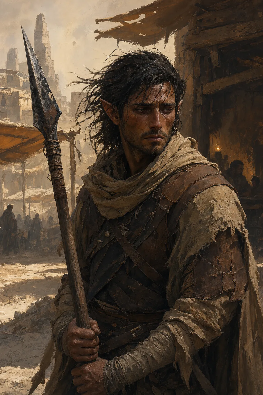 Portrait of Varek, a weary pointed-eared spearman in patched leather and cloth, standing within a sun-bleached desert settlement.