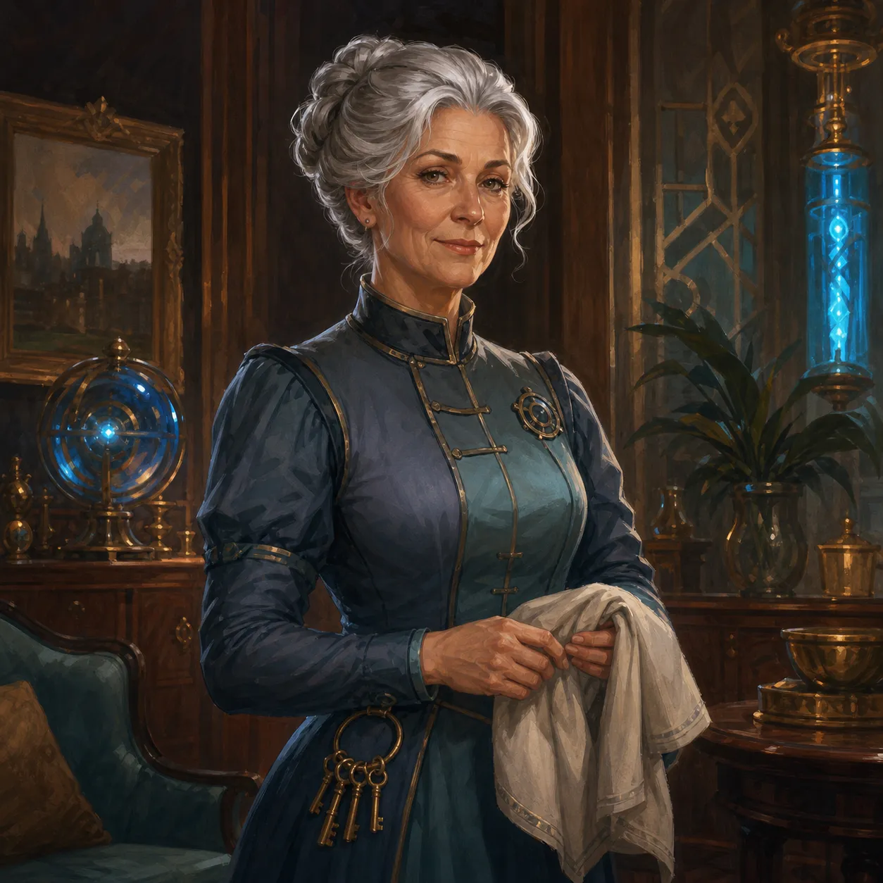 Vesna Orell, a silver-haired woman in a brass-buttoned blue dress, folds a linen cloth with a ring of brass keys at her waist, arcane devices glowing in her parlor.