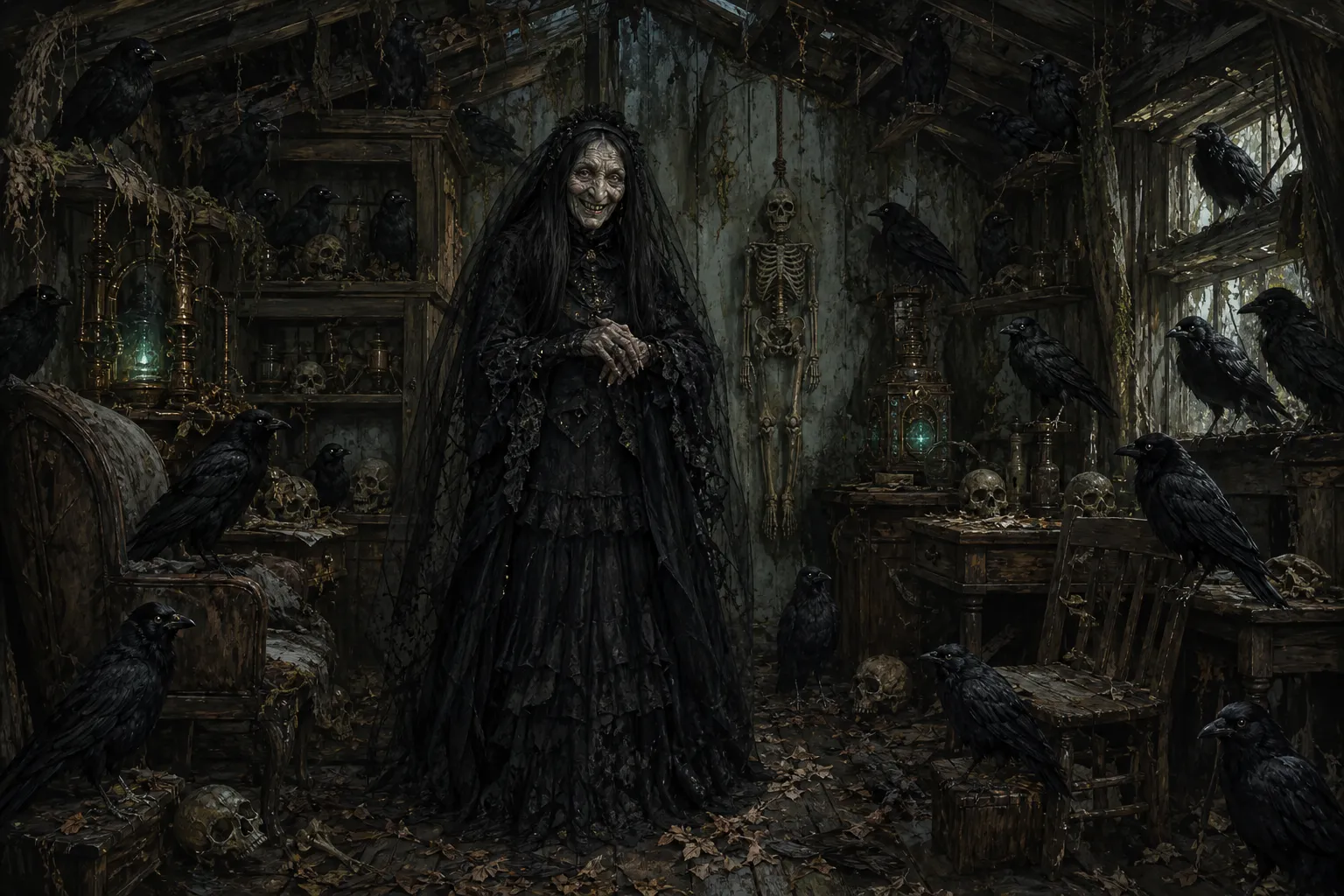 The Witch of the Cottage grins from a ruined parlor in a tattered black mourning dress and veil, surrounded by crows, skulls, a hanging skeleton, and green lantern-light.
